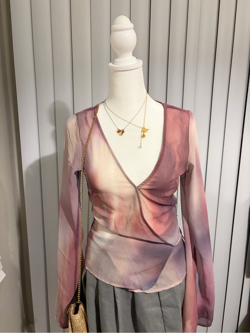 H&M Mauve Pink Watercolor Sheer Wrap-Front Long Sleeve Top